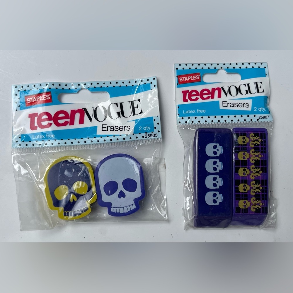 Staples Teen Vogue Set of 2 Skulls & Skeletons Purple & Yellow Erasers